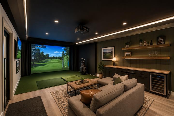 Finished basement with a golf simulator, lounge seating and a wet bar, virtually staged